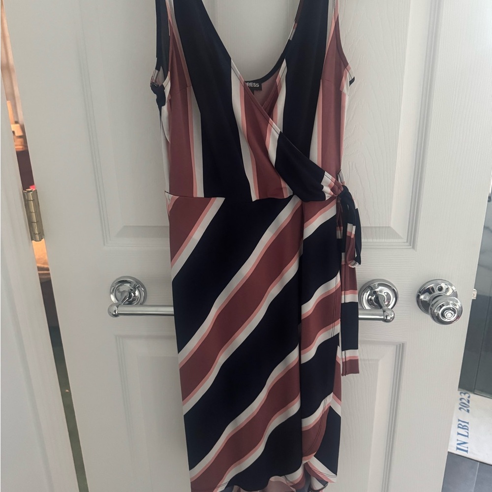 Express Striped Wrap Midi Dress in Black and Rust